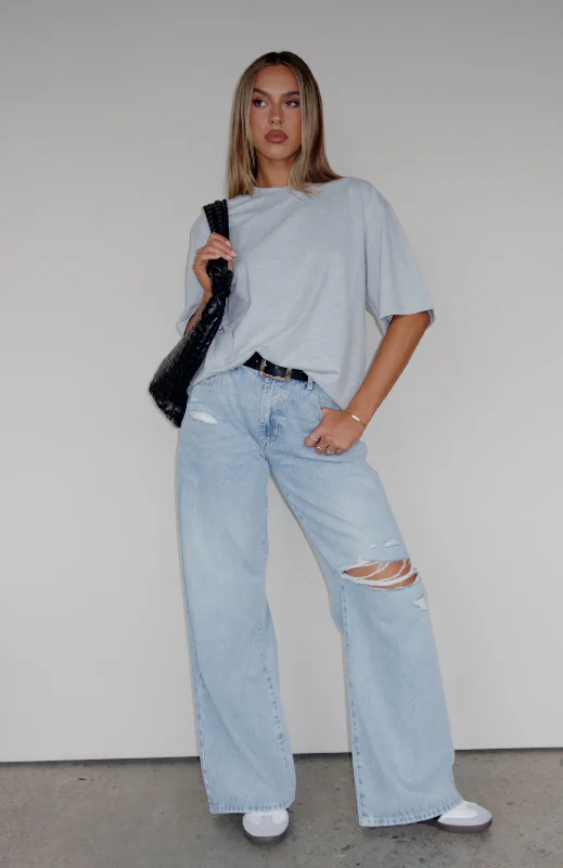 Harley Mid Rise Wide Leg Jeans Light Blue Wash Stylish Paperbag Waist Denim