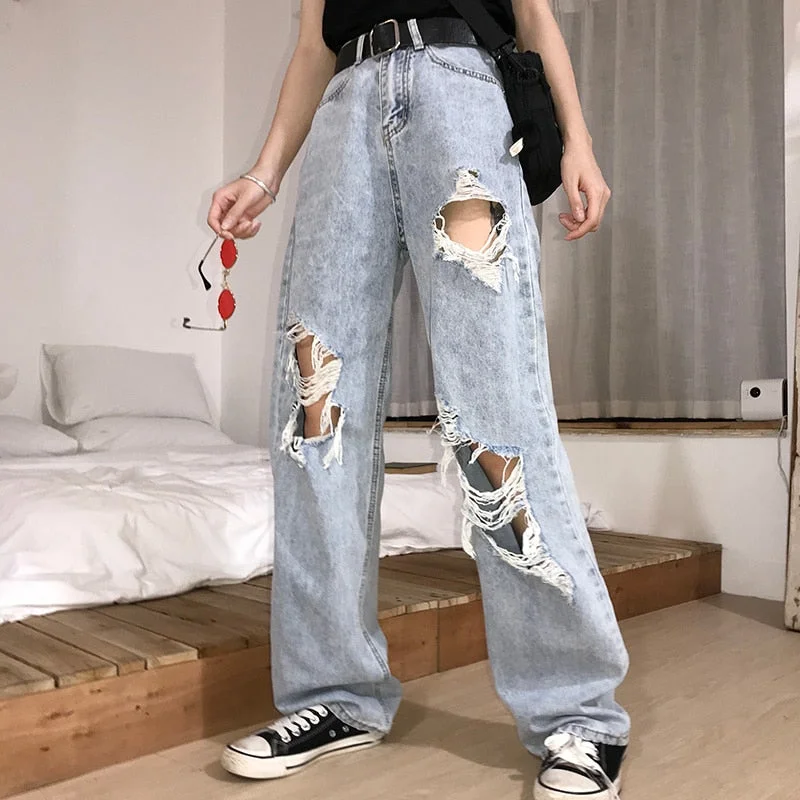 High Waist Ripped Jeans Classic Blue Denim Jeans