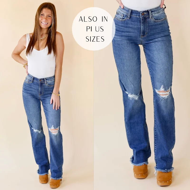 Last Chance Size 0, 1, 3, 15, & 14W-24W | Judy Blue | After Party Hours Destroy Knee Bootcut Jeans in Medium Wash Stylish Plus Size Denim Jeans