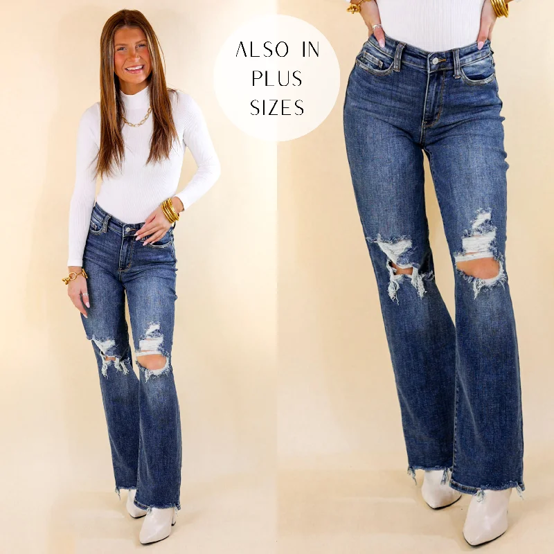 Last Chance Size 22W & 24W | Judy Blue | Afternoon Date 90's Knee Destroy Straight Leg Jeans in Dark Wash Stylish High-Rise Mom Jeans