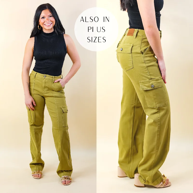 Judy Blue | Chic Efforts Cargo Straight Leg Jeans in Matcha Green Trendy Vintage Denim Jeans