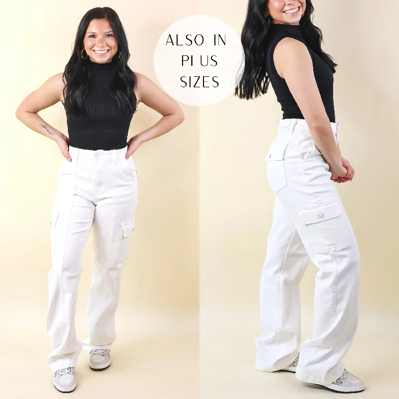 Judy Blue | Chic Efforts Cargo Straight Leg Jeans in White Comfortable Low-Rise Jeans