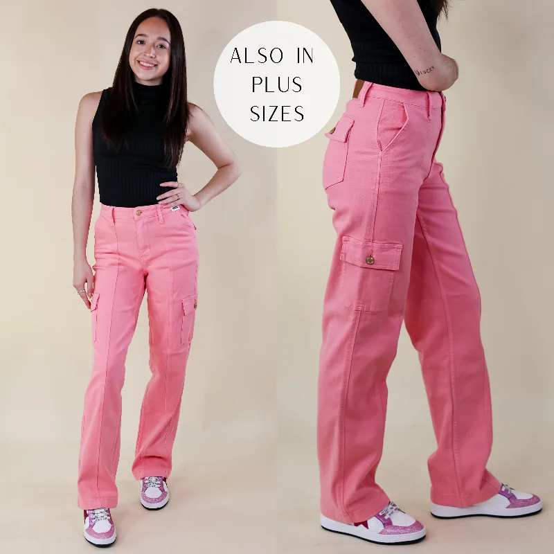 Judy Blue | Chic Efforts Cargo Straight Leg Jeans in Pink Wash Stylish High-Waisted Denim