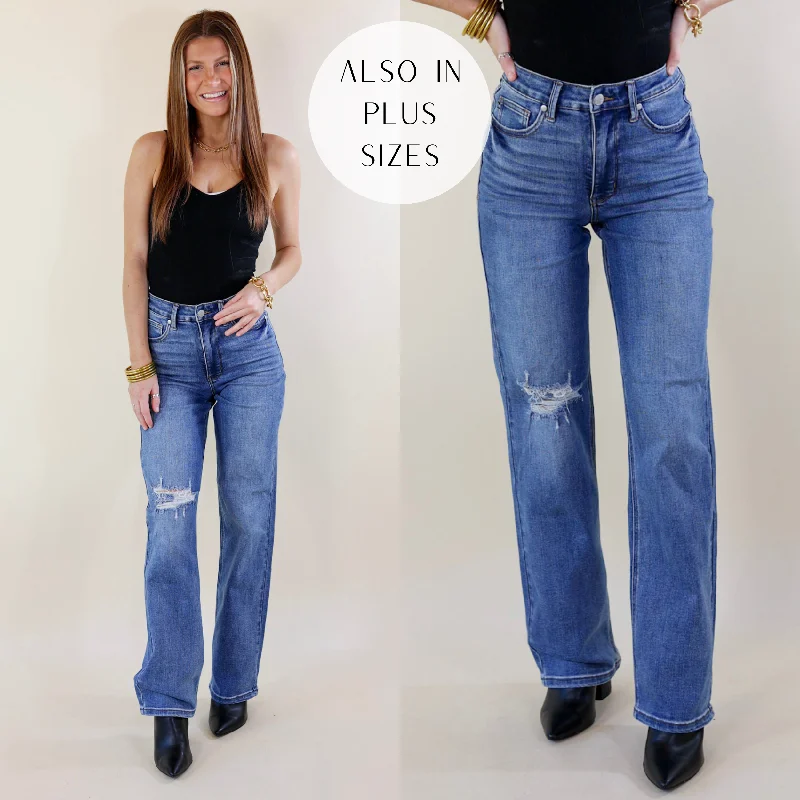 Judy Blue | Festival Feels Tummy Control 90's Straight Leg Jeans in Medium Wash Comfortable Faded High-Rise Jeans