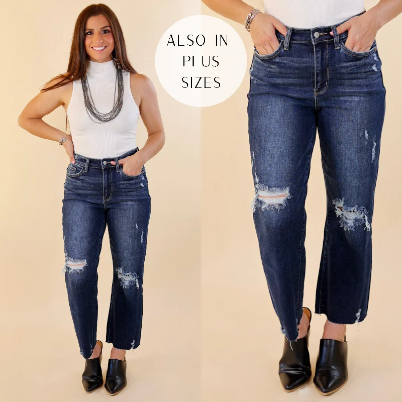 Last Chance Size 1, 7, 22W & 24W | Judy Blue | Grand Gesture Destroy Knee Cropped Wide Leg Jeans in Dark Wash Comfortable Zip-Fly Denim Jeans