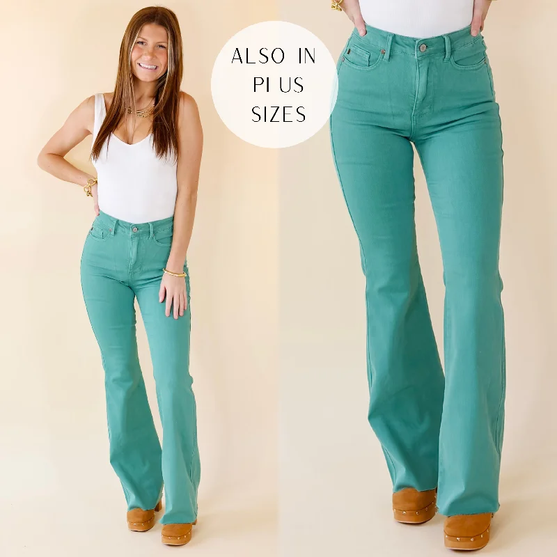 Last Chance Size 13, 15, 14W, 16W, 20W & 22W | Judy Blue | Manifest It Tummy Control Flare Jeans in Topaz Green Stylish High-Waist Skinny Denim