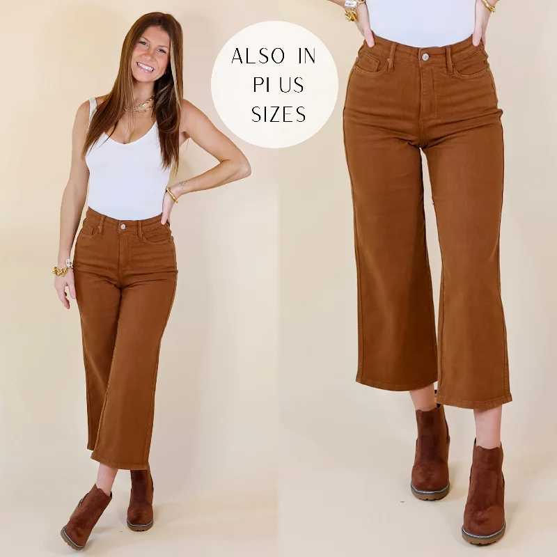 Judy Blue | Sign Me Up Tummy Control Cropped Wide Leg Jeans in Camel Brown (Lots of Sizes) Comfortable Stretch Fit Jeans