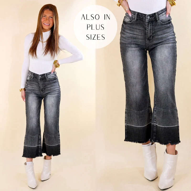 Last Chance Size 1, 13, 22W & 24W | Judy Blue | Full of Delight Wide Leg Release Hem Cropped Jeans in Black Wash Casual Distressed Skinny Jeans