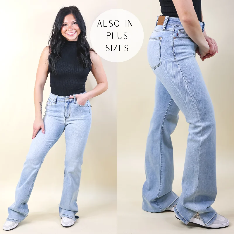 Judy Blue | Turn It Up Slit Hem Bootcut Jeans in Light Wash Fashionable Raw Hem Bootcut Jeans