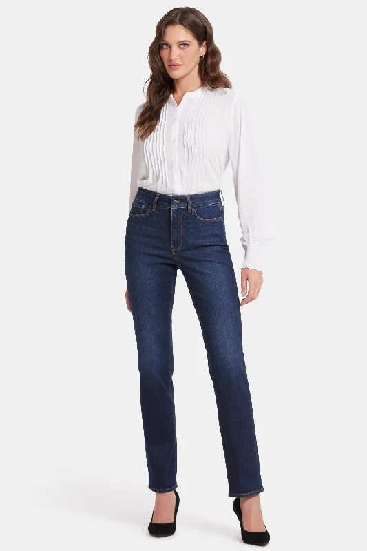 Marilyn Straight Jeans In Long Inseam - River Bridge Fashionable Frayed Hem Denim