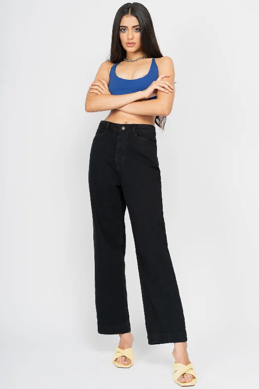 Black Straight Fit Jeans Trendy Wide-Legged High-Waist Jeans