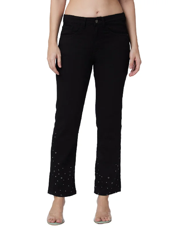 Spykar Mid Rise Slim Straight Fit Black Jeans For Women Classic Button Fly Jeans