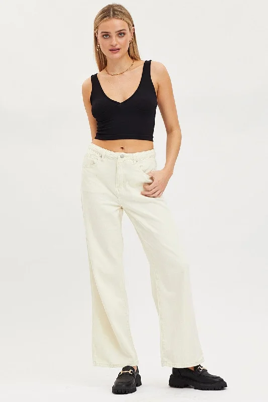 White Wide Leg Denim Jeans High Rise Classic Button Fly Jeans