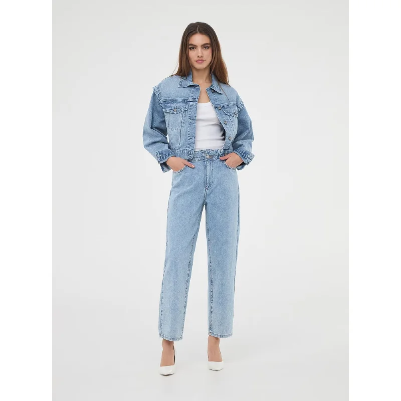 Light Blue Paper Bag Mom Jeans Fashionable Straight Fit Denim