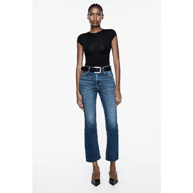 Blue High Waisted Mini Flare Jeans Elegant Tapered Leg Denim