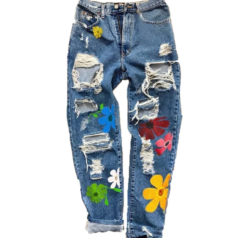 Women Floral Print Ripped Jeans Fashionable White Denim Jeans