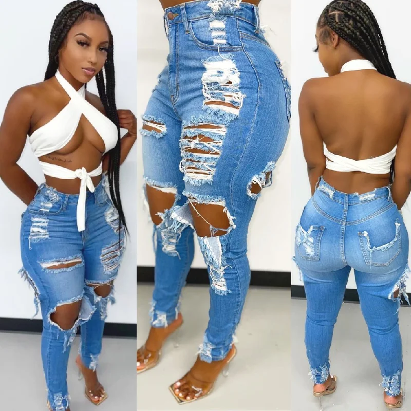 Women Ripped High Waist Jeans Fashionable Jeggings Style Jeans