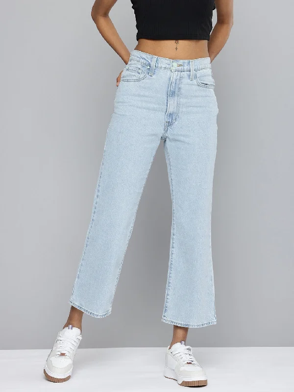 Women's High Rise Ribcage Crop Bootcut Light Blue Jeans Casual Loose Fit Jeans