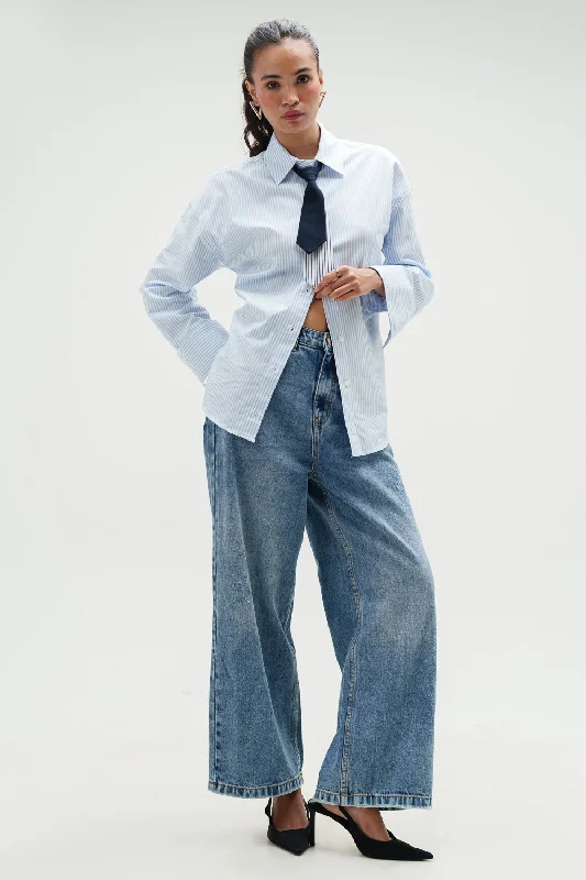 Quill Blue Wide Cropped Jeans Trendy Button-Up High-Waist Jeans